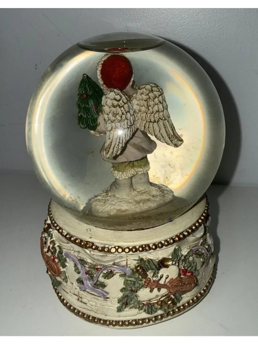 Vintage Christmas Angel Snow Globe Musical Box Holioday Decor Violin Holly Base